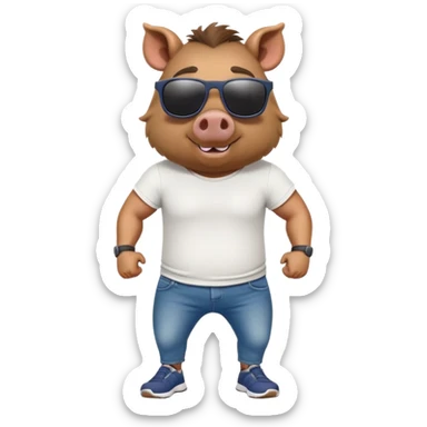 friendly anthropomorphised boar in jeans and a t-shirt, wearing dark sunglasses, jogging upright, relaxed pose sticker