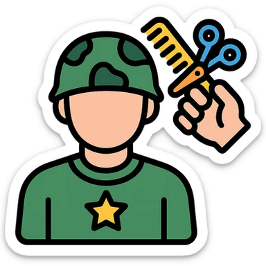 a soldier man getting a haircut, color outline icon style sticker