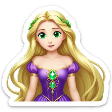 Cinematic Stunning Rapunzel Portrait Emoji, Golden hair cascading in a luminous waterfall, big emerald-green eyes full of wonder, wearing her iconic purple gown, radiating beauty and magic, glowing with fairy-tale charm! sticker