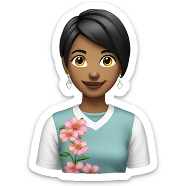 smiling girl with flower earrings black short hair packing a custom shirt order sticker