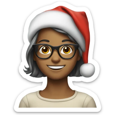 smiling girl with glasses in a Christmas hat sticker