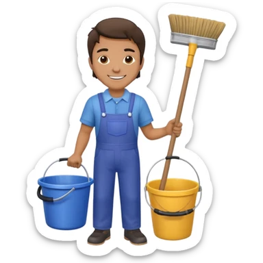 man in cleaning clothes, holding a broom and a bucket sticker