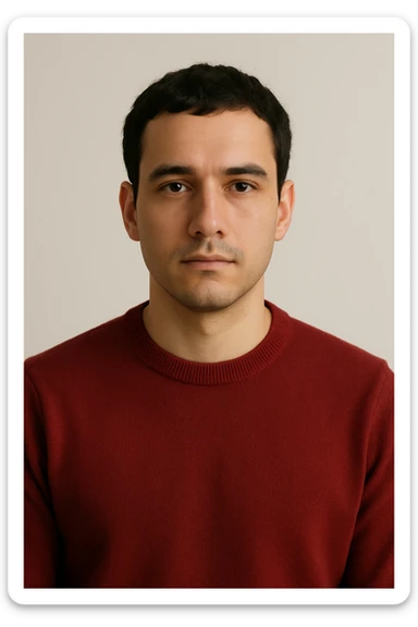 a guy with a red sweater, brown eyes, and black hair, neutral expression, upper body only, plain background sticker