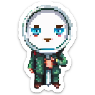 A pixelated character looking through a magnifying glass sticker
