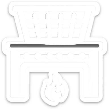 Icono de un estufa industrial con canastilla arriba y llama estilizada debajo, que sea icono en blanco, estilo outline sticker