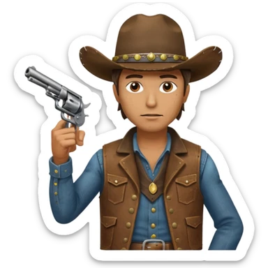 A cowboy pointing his revolver in your face  and saying, "Give me your money." sticker