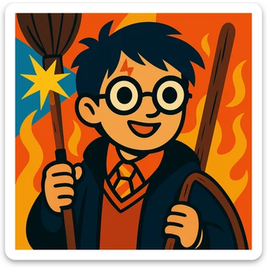Add a broomstick to Harry Potter, keep glasses, lightning scar, and wand, vibrant cartoon style sticker