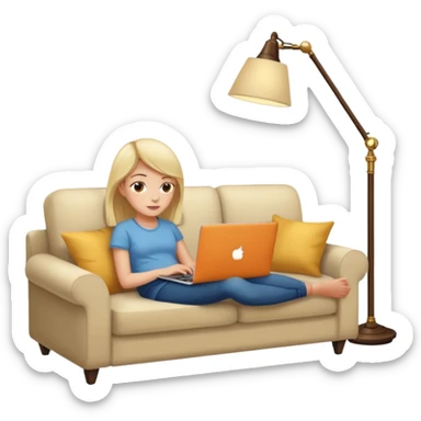A girl is working with a laptop while lying on a sofa, with a floor lamp to the right. sticker
