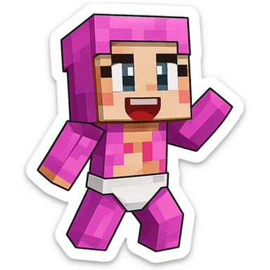 Extract only the Minecraft baby character in pink from the image, place it on a transparent background, and keep the original Minecraft cartoon style and appearance. sticker