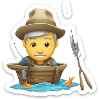 pescador sentado no barrando em frente ao rio com peixe fisgado sticker