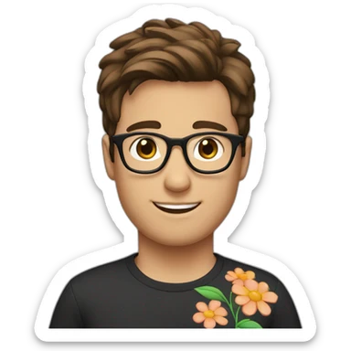 brown hair up guy wearing glasses and dark t-shirt with flower print sticker