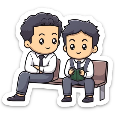 Management educator with black wavy hair, stubble, strong features, white skin, smart casual attire, sitting with a young professional, providing career guidance and mentorship, thoughtful listening expression sticker