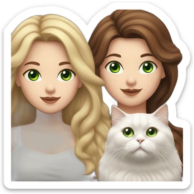 white fat girl with brown wawy hair and blue eyes, who hold a small white persian cat with green eyes sticker