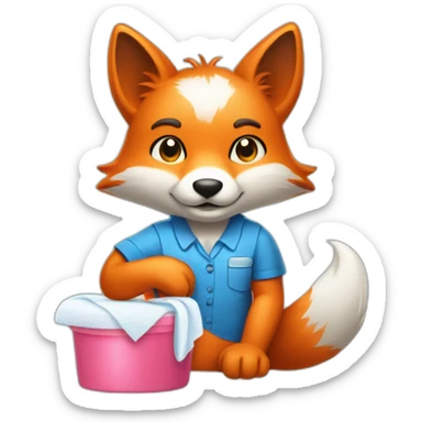a gender neutral fox from a house keeping company with a stack of folded clean cloth and detergent in his hands sticker