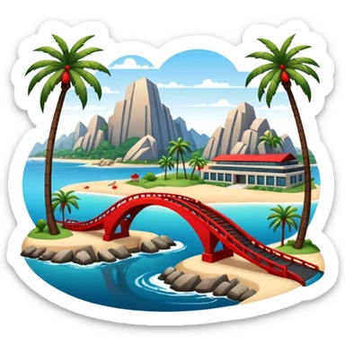 advanced modern island with advanced infrastructure, parks, contemporary architecture, beaches with palm trees, and a red bridge on one side sticker