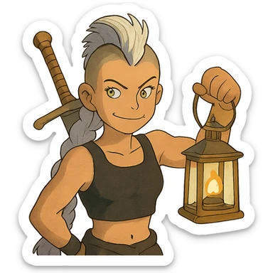 A sword maiden, mohawk, long braid white hair with lavender tips, gold yellow eyes, black crop top, brandishing a lantern. Mischievous smirk sticker