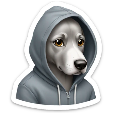 Grey dog wearing a hoodie sticker