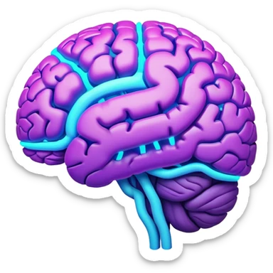 brain with neon glow effect, blue neon glow on top left, purple neon glow on bottom right sticker