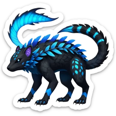 Rare realistic dark black with glowing blue bioluminescent edgy badass epic pretty beautiful handsome gorgeous aesthetic colorful vibrant Vernid-Trico-species-Fakemon-creature by LiLaiRa, 4 legs, 1 tail, random markings, (full body) sticker