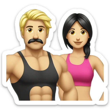 Blond girl going to the gym with a black haired guy with a moustache  sticker
