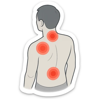 Silhouette of a back with pain zones indicated by red circles in the neck, lower back, and shoulder blade areas. Style: 2D Isometric with clear shadows and highlights, transparent background. sticker