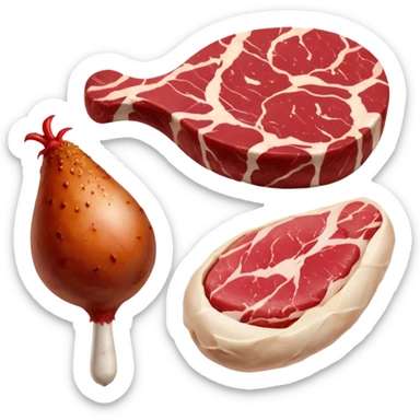 A raw red steak with visible marbling placed next to a small chicken drumstick. sticker