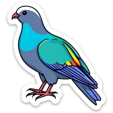 Nicobar pigeon with colorful iridescent plumage, distinctive long neck feathers, and white tail sticker