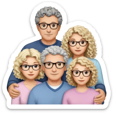 A white family that consists of a 55 years old dad with black and grey hair, a 53 years old mom with glasses that has blonde curly hair, a 26 years old daughter that has curly brown hair and a 20 years old daughter that has brown hair with blonde highlights sticker