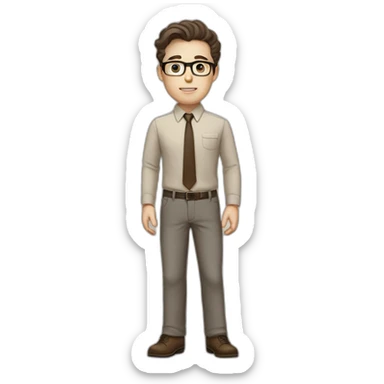Full height Pale skinned fit man with dark brown hair in gray jacket, beige office shirt, brown tie, brown pants and vintage glasses. His right hand stretched out sticker