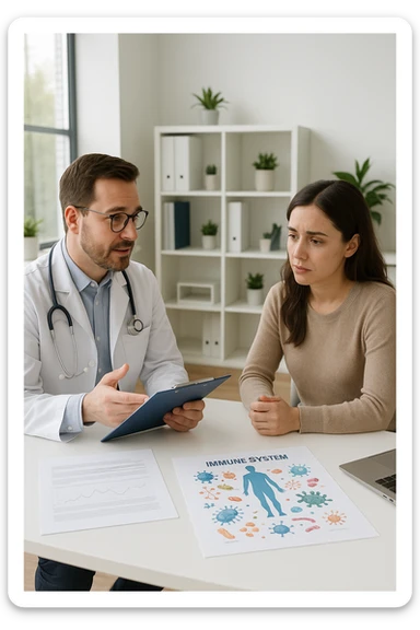 a doctor sits across from a patient in a bright, modern medical office. The doctor holds a clipboard and gently explains the diagnosis, while the patient listens with a concerned but attentive expression. On the desk, there are medical charts and a diagram of the immune system. The mood is empathetic and professional. sticker