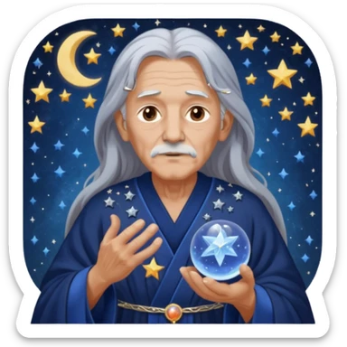 The Dream Interpreter will be depicted as an elderly figure with long, silver hair and a piercing gaze.  He will be dressed in a long, dark blue robe, decorated with embroidered stars and moons.  🌟 He will hold a crystal ball 🔮 in his hand, in which hazy images of dreams can be seen sticker