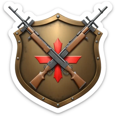 Insignia militar realista para videojuegos de guerra (estilo Battlefield), forma de escudo metálico con bordes desgastados. Incluye:

Símbolo: [fusiles cruzados / águila / estrellas / espada] sticker