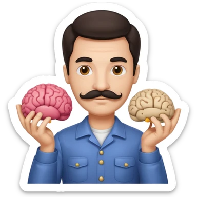 mustachioed man with dark hair holding a brain as an emoji different mustache  sticker