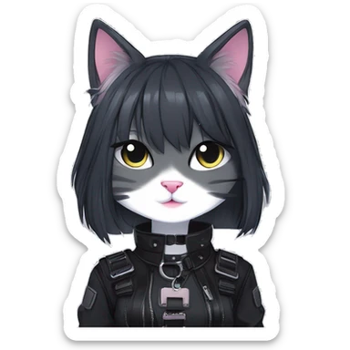 Gorgeous edgy epic punk gothic dark techwear anime style anthro cat with blushing face aesthetic and pretty edgy black with collar and harness trending style sticker