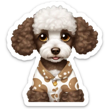 Chocolate brown and white toy poodle wearing pajamas sticker