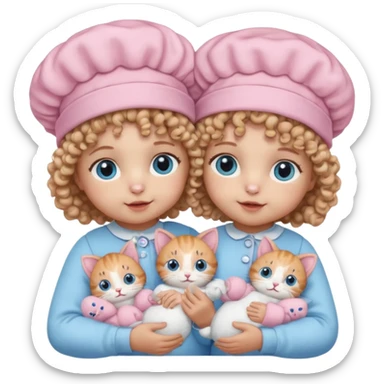 Curly hair baby twins with one wearing a baby pink bonnet and one wearing a baby blue bonnet while holding cat plushies sticker