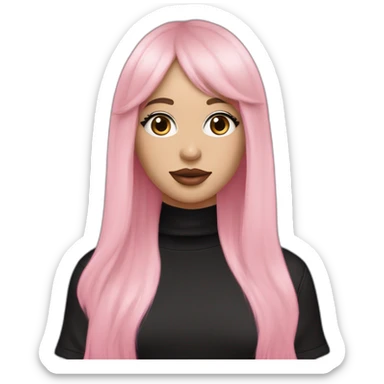 White women with strait dark brown hair with curtain bangs and long eyelashes brown eyes and pink cheeks with pink lips and dark brown eyebrows wearing a black oversized t-shirt sticker