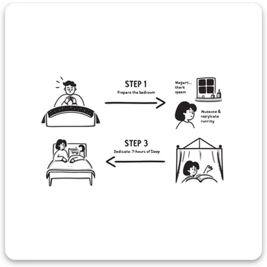 infographic with 3 connected tags by arrows indicating step 1, step 2, and step 3; step 1: prepare the bedroom (dark room, regulated humidity), step 2: take magnesium bisglycinate (before sleeping), step 3: dedicate 7-8 hours of sleep (serene environment); clear, modern, informative style sticker