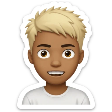 Black Male Teenager with Short punk messy blonde hair, Dark brown bushy eyebrows large expressive golden-brown eyes, wearing a plain white t-shirt, Dark Brown skin color. Fun teeth sticker
