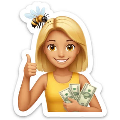 Girl ￼Bee with money shows thumbs up sticker