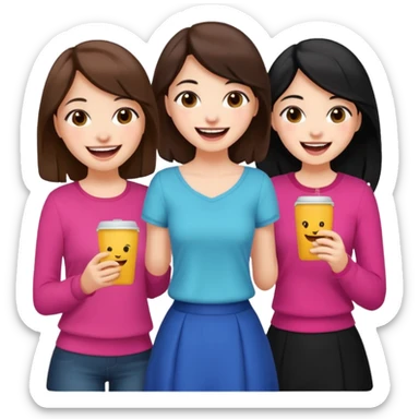 3 brown friends having fun, one with black hair, 2 with brown hair, girly style sticker