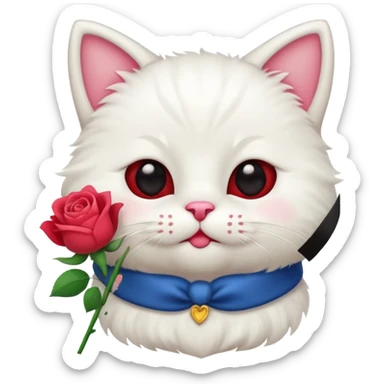 Cute emoji-style white cat holding a red rose in its mouth, big round eyes, fluffy fur, clean mascot style, centered, transparent background, 1:1 ratio. sticker