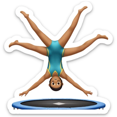 An athletic person soaring high above a trampoline, executing an acrobatic flip with perfect form. The scene captures motion and energy, with a dynamic pose, stretched limbs, and a focused expression. The background suggests a professional trampoline arena with safety padding. sticker