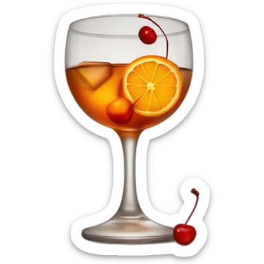 Whisky glass, old fashioned, cocktail cherry, ice cubes, orange twist sticker