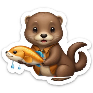 adorable otter floating on water, holding a fish sticker