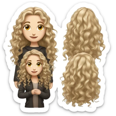 White girl with long curly hair and dark brown sticker