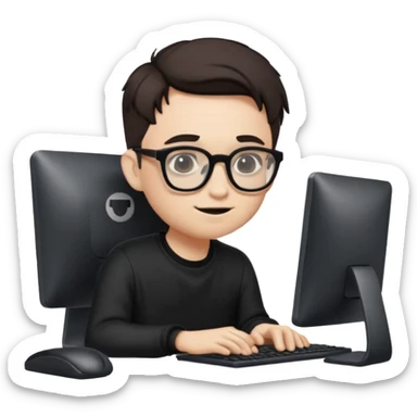 edgelord nerd, sitting at a computer, glasses reflecting the screen, dark aesthetic, fun emoji style sticker