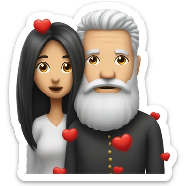 Red hearts are flying and Bald and gray beard man kisses from lips of  long black hair white woman sticker