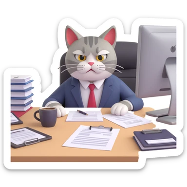 very angry exhausted cat in office attire with furrowed brow glaring eyes slumped at messy desk with paperwork coffee mug computer frustrated after 12 hour workday terrible week about to reply to annoying questions from colleagues sticker