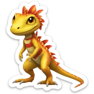 A Yellow Shiny Anthro-Scalie-Lizard-Reptile-Salamandrian-Fakémon with red stripes and orange frills Full Body sticker